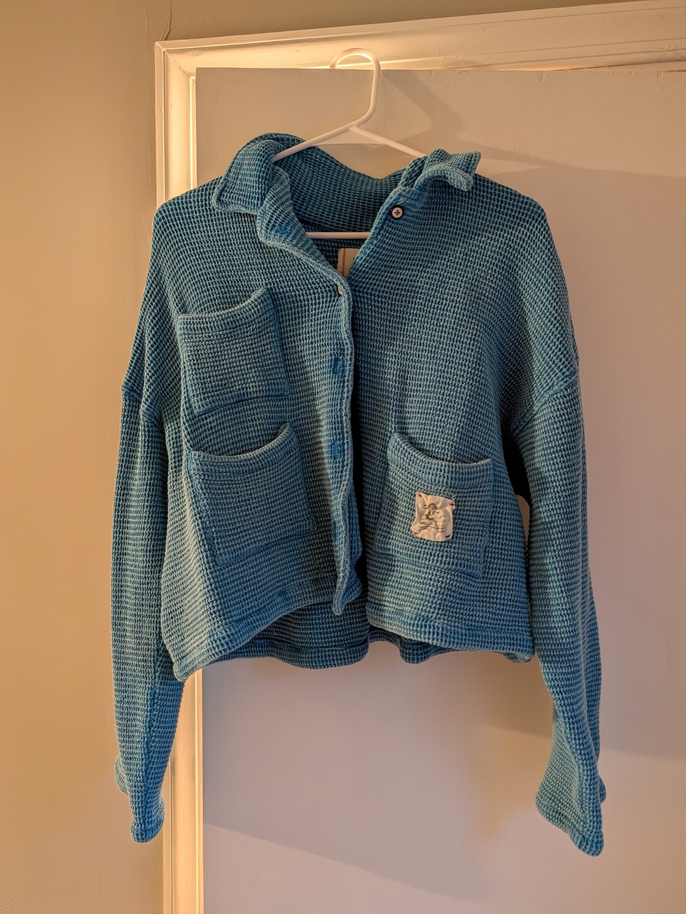 BDG Teal Waffle-Knit Button-Up Teddy Jacket
